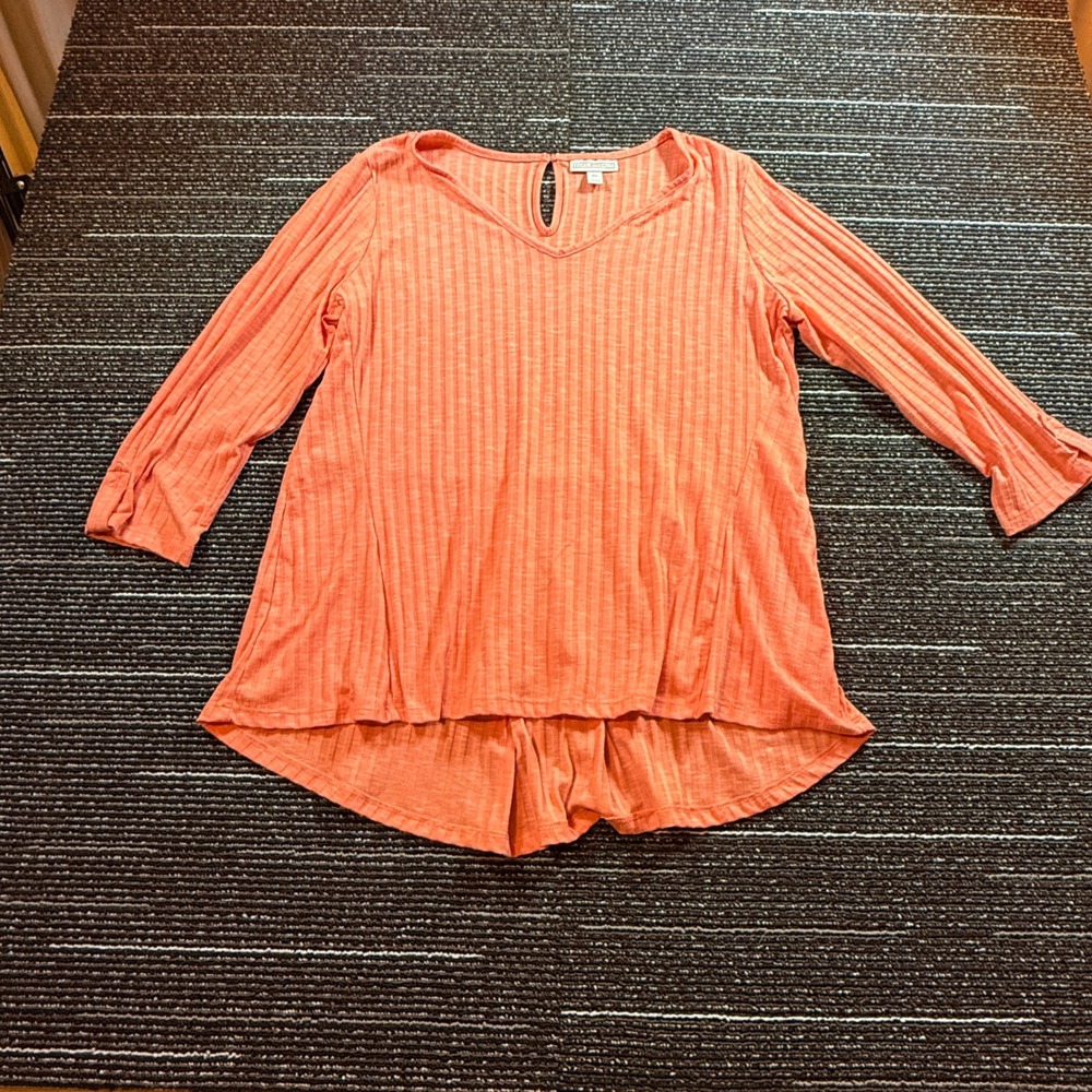 Dana Buchman Tunic Women XL Coral Orange Excellent Ribbed High-Low V-Neck 3/4 Sl